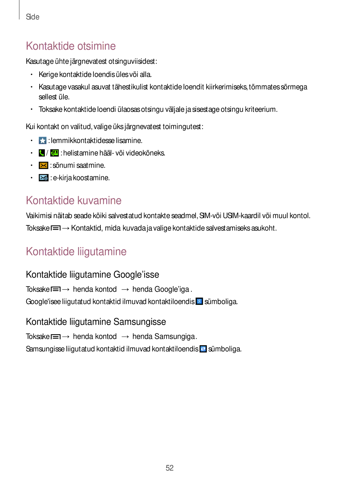 Samsung GT-I9205ZKASEB manual Kontaktide otsimine, Kontaktide kuvamine, Kontaktide liigutamine Googleisse 