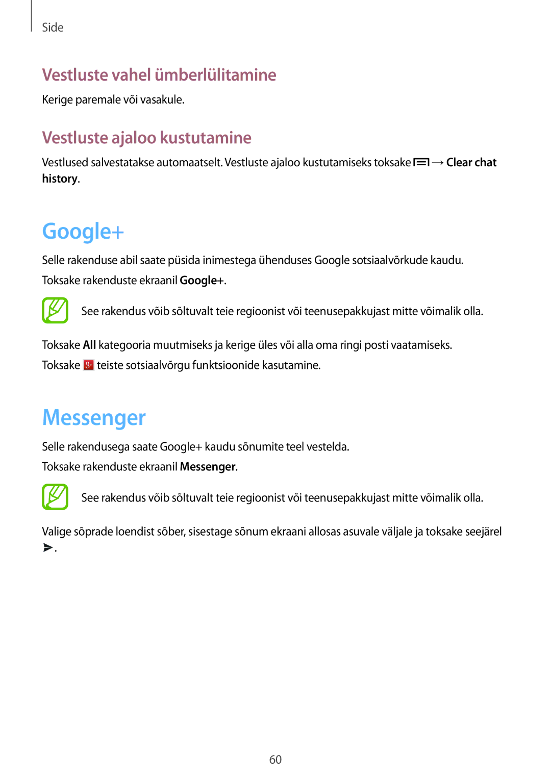 Samsung GT-I9205ZKASEB manual Google+, Messenger, Vestluste vahel ümberlülitamine, Vestluste ajaloo kustutamine 