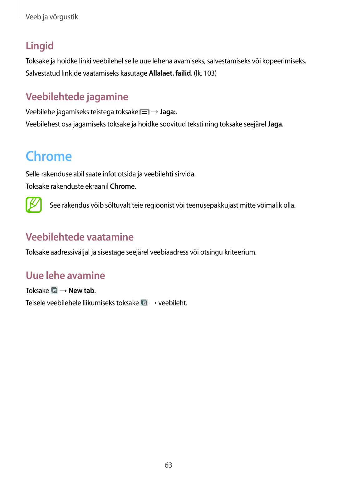 Samsung GT-I9205ZKASEB manual Chrome, Lingid, Veebilehtede jagamine 