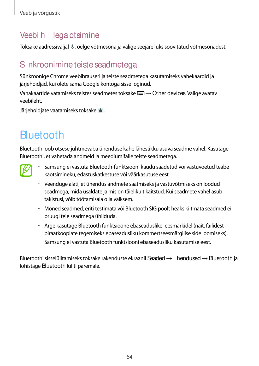 Samsung GT-I9205ZKASEB manual Bluetooth, Veebi häälega otsimine, Sünkroonimine teiste seadmetega 