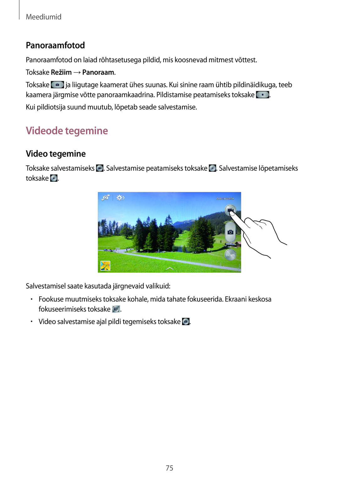 Samsung GT-I9205ZKASEB manual Videode tegemine, Panoraamfotod, Video tegemine, Toksake Režiim →Panoraam 