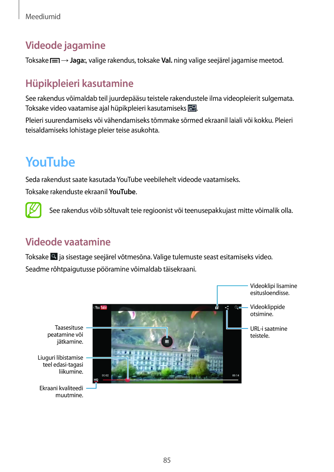Samsung GT-I9205ZKASEB manual YouTube, Videode jagamine, Hüpikpleieri kasutamine, Videode vaatamine 