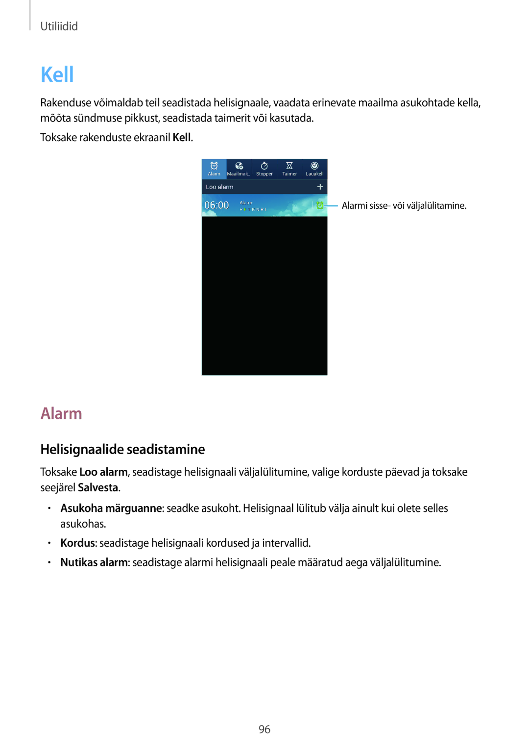 Samsung GT-I9205ZKASEB manual Kell, Alarm, Helisignaalide seadistamine 