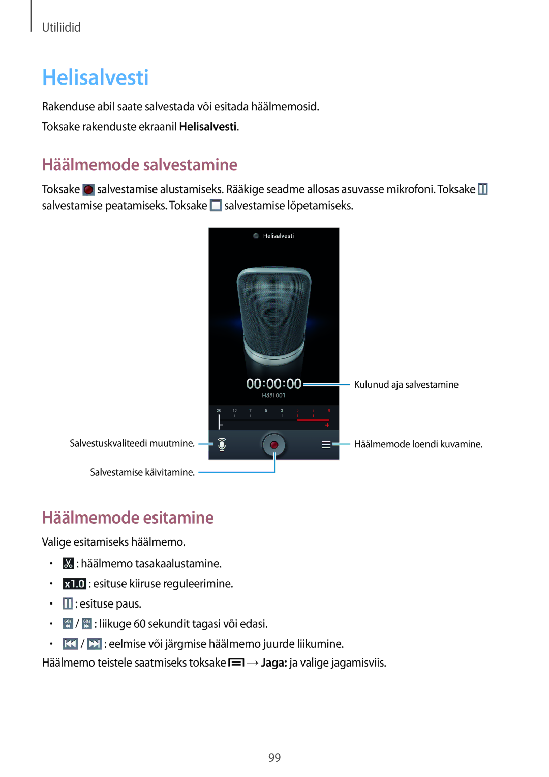 Samsung GT-I9205ZKASEB manual Helisalvesti, Häälmemode salvestamine, Häälmemode esitamine 