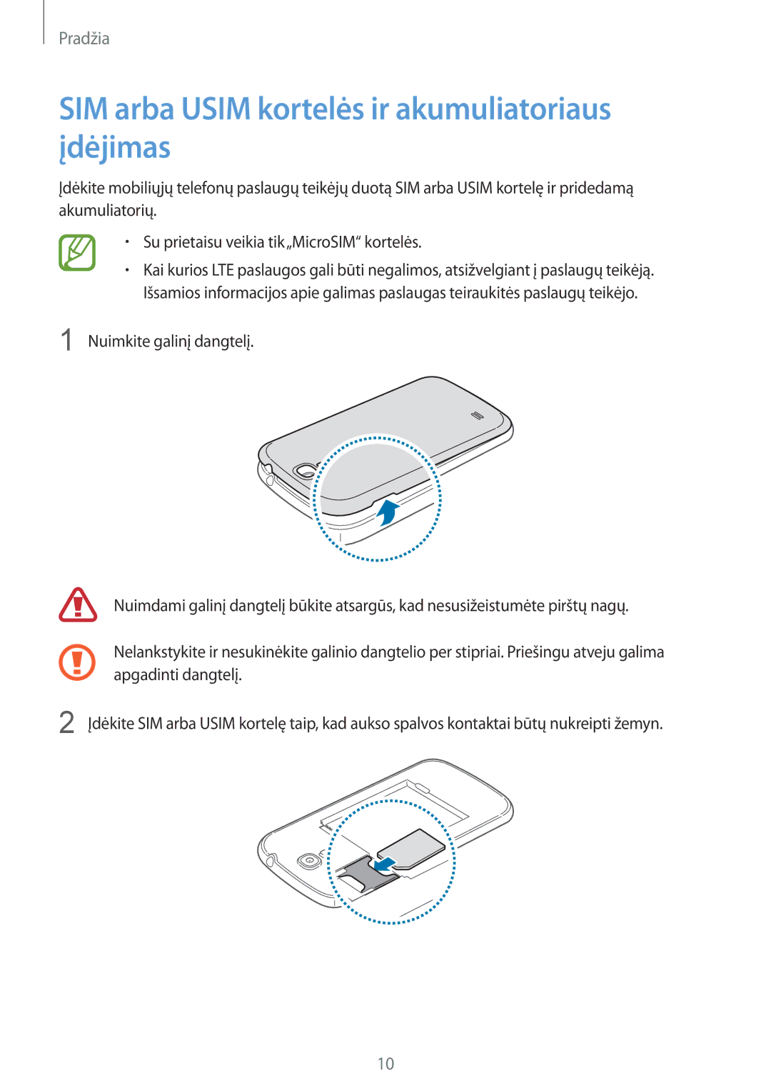 Samsung GT-I9205ZKASEB manual SIM arba Usim kortelės ir akumuliatoriaus įdėjimas 