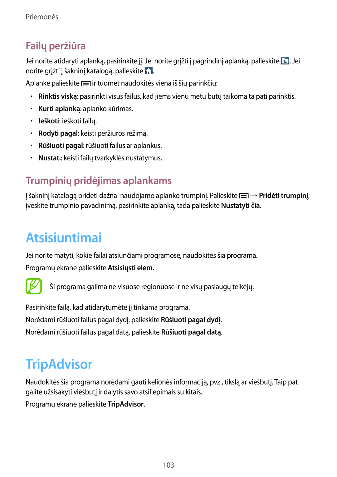 Samsung GT-I9205ZKASEB manual Atsisiuntimai, TripAdvisor, Failų peržiūra, Trumpinių pridėjimas aplankams 