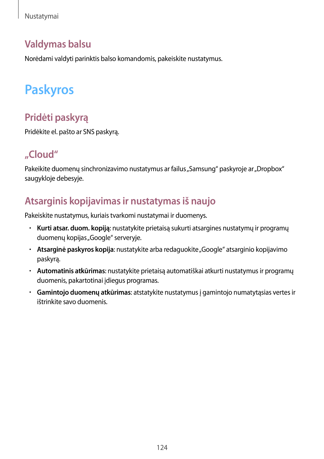 Samsung GT-I9205ZKASEB Paskyros, Valdymas balsu, Pridėti paskyrą, „Cloud, Atsarginis kopijavimas ir nustatymas iš naujo 