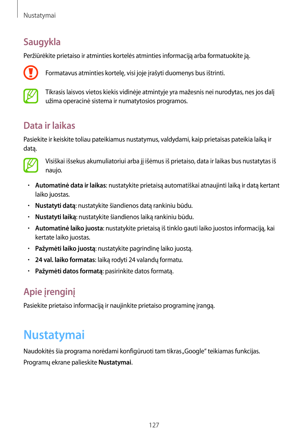 Samsung GT-I9205ZKASEB manual Nustatymai, Saugykla, Data ir laikas, Apie įrenginį 