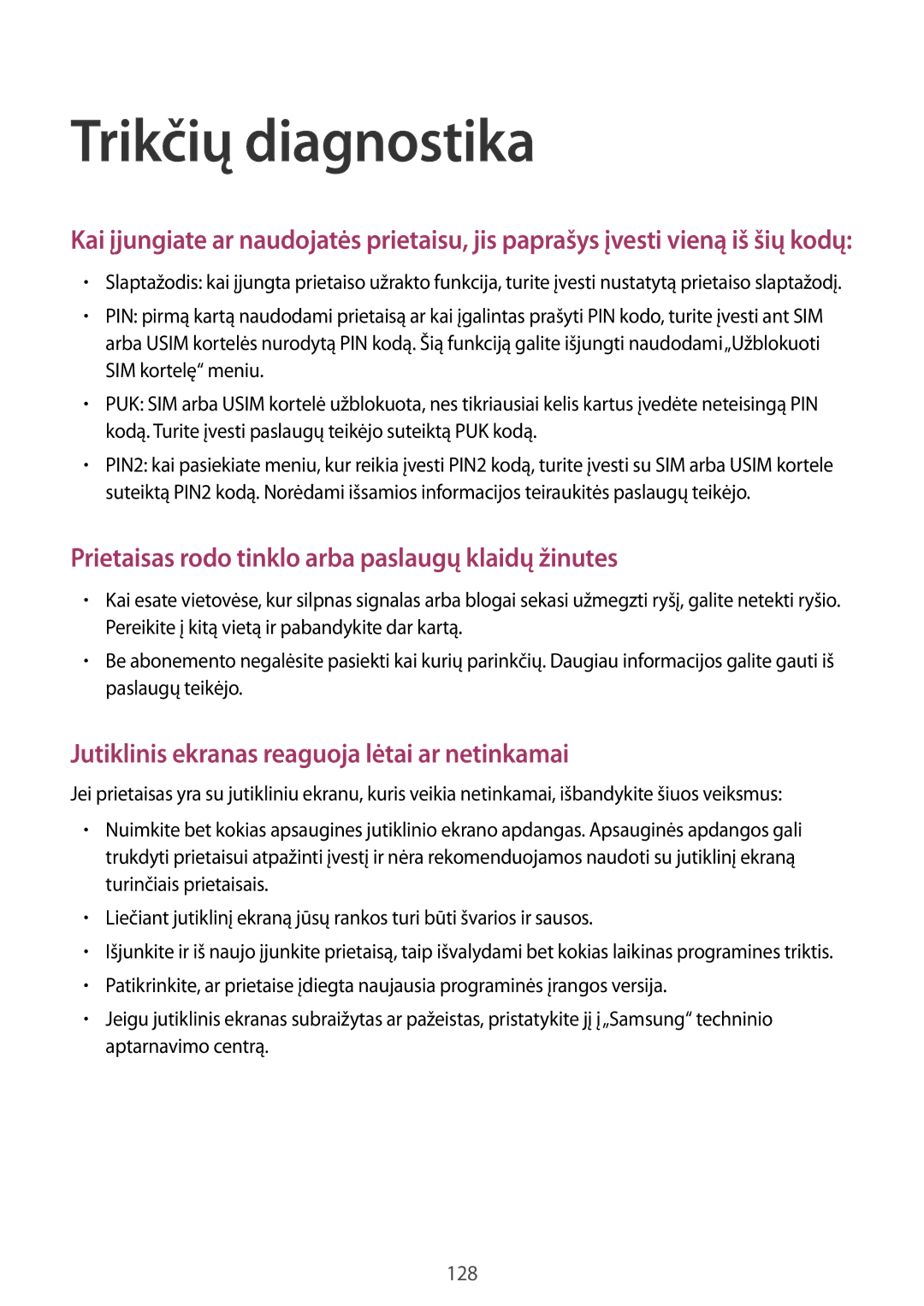 Samsung GT-I9205ZKASEB manual Trikčių diagnostika 