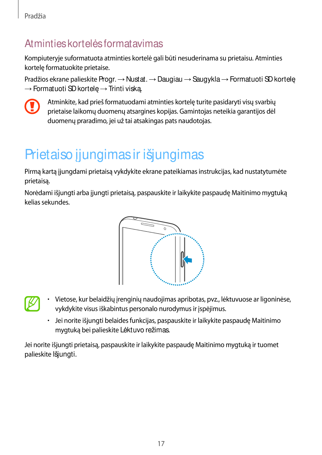 Samsung GT-I9205ZKASEB manual Prietaiso įjungimas ir išjungimas, Atminties kortelės formatavimas 