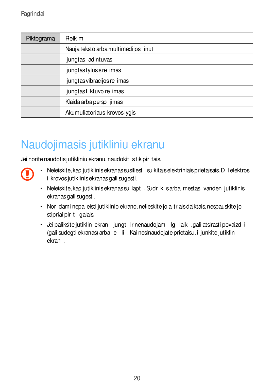 Samsung GT-I9205ZKASEB manual Naudojimasis jutikliniu ekranu, Pagrindai 