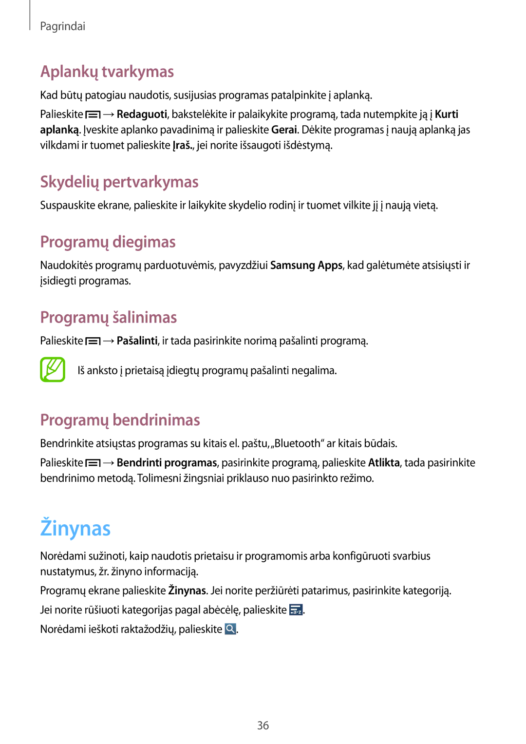 Samsung GT-I9205ZKASEB manual Žinynas, Aplankų tvarkymas, Programų diegimas, Programų šalinimas, Programų bendrinimas 