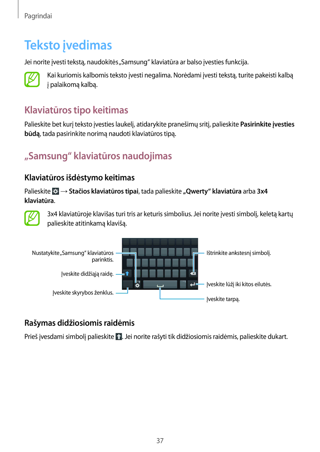 Samsung GT-I9205ZKASEB manual Teksto įvedimas, Klaviatūros tipo keitimas, „Samsung klaviatūros naudojimas 