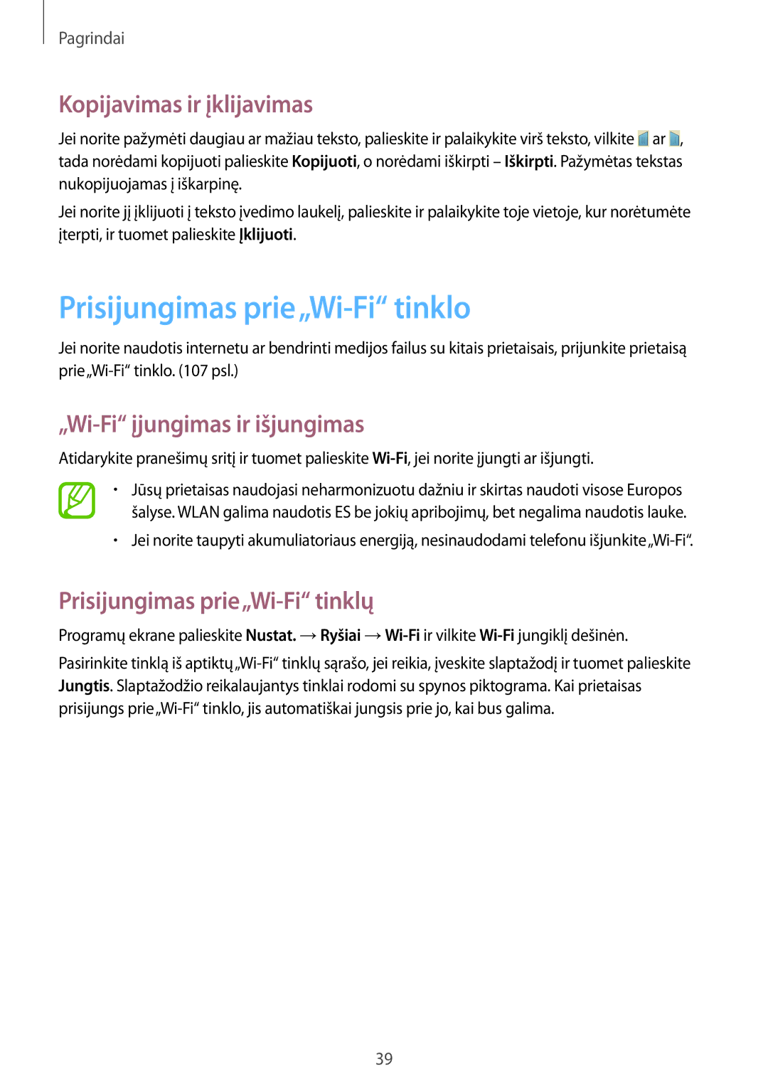 Samsung GT-I9205ZKASEB manual Prisijungimas prie„Wi-Fi tinklo, Kopijavimas ir įklijavimas, „Wi-Fi įjungimas ir išjungimas 