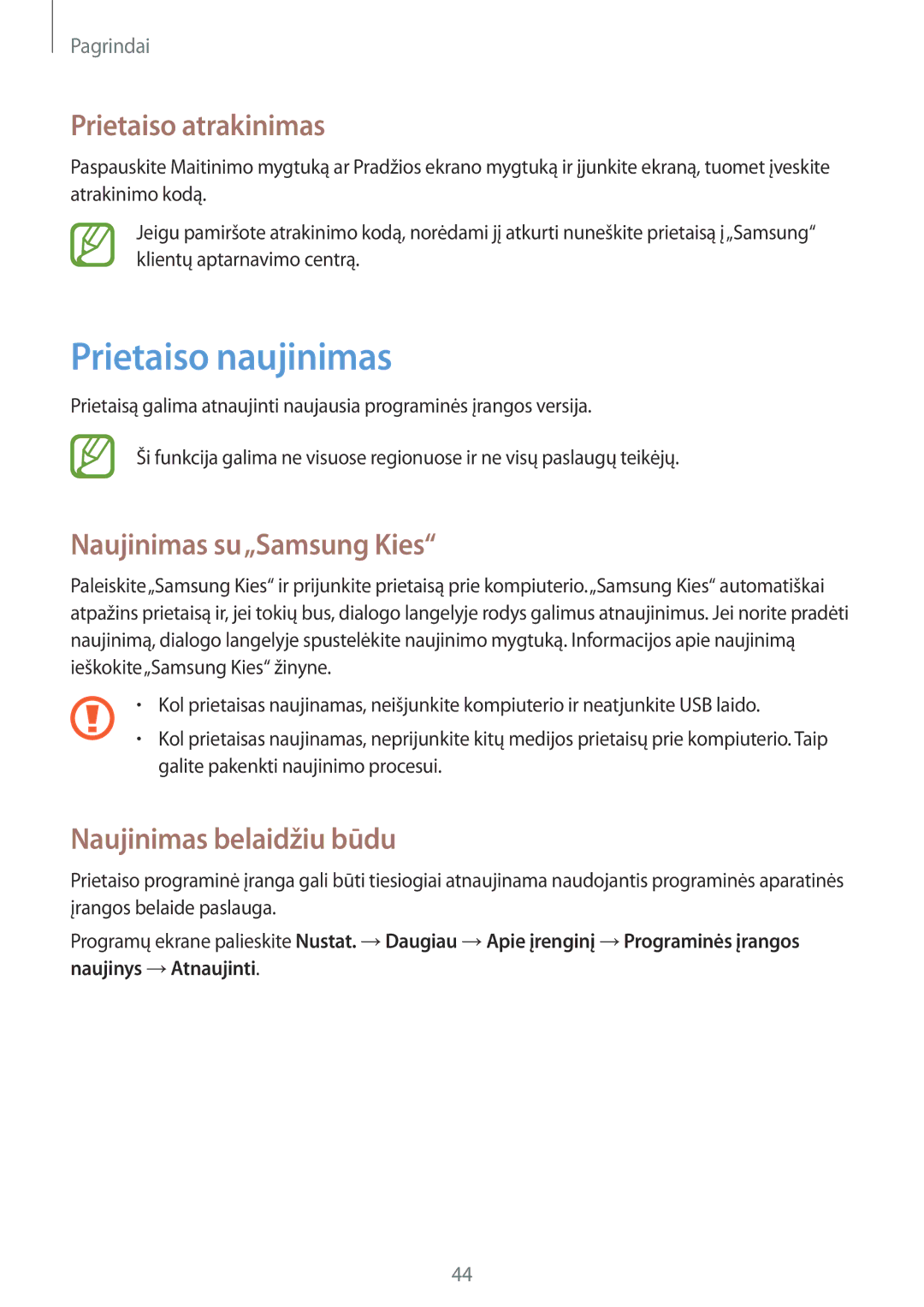 Samsung GT-I9205ZKASEB Prietaiso naujinimas, Prietaiso atrakinimas, Naujinimas su„Samsung Kies, Naujinimas belaidžiu būdu 