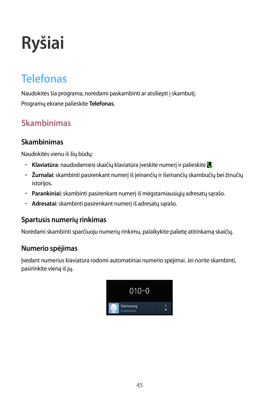 Samsung GT-I9205ZKASEB manual Telefonas, Skambinimas, Spartusis numerių rinkimas, Numerio spėjimas 