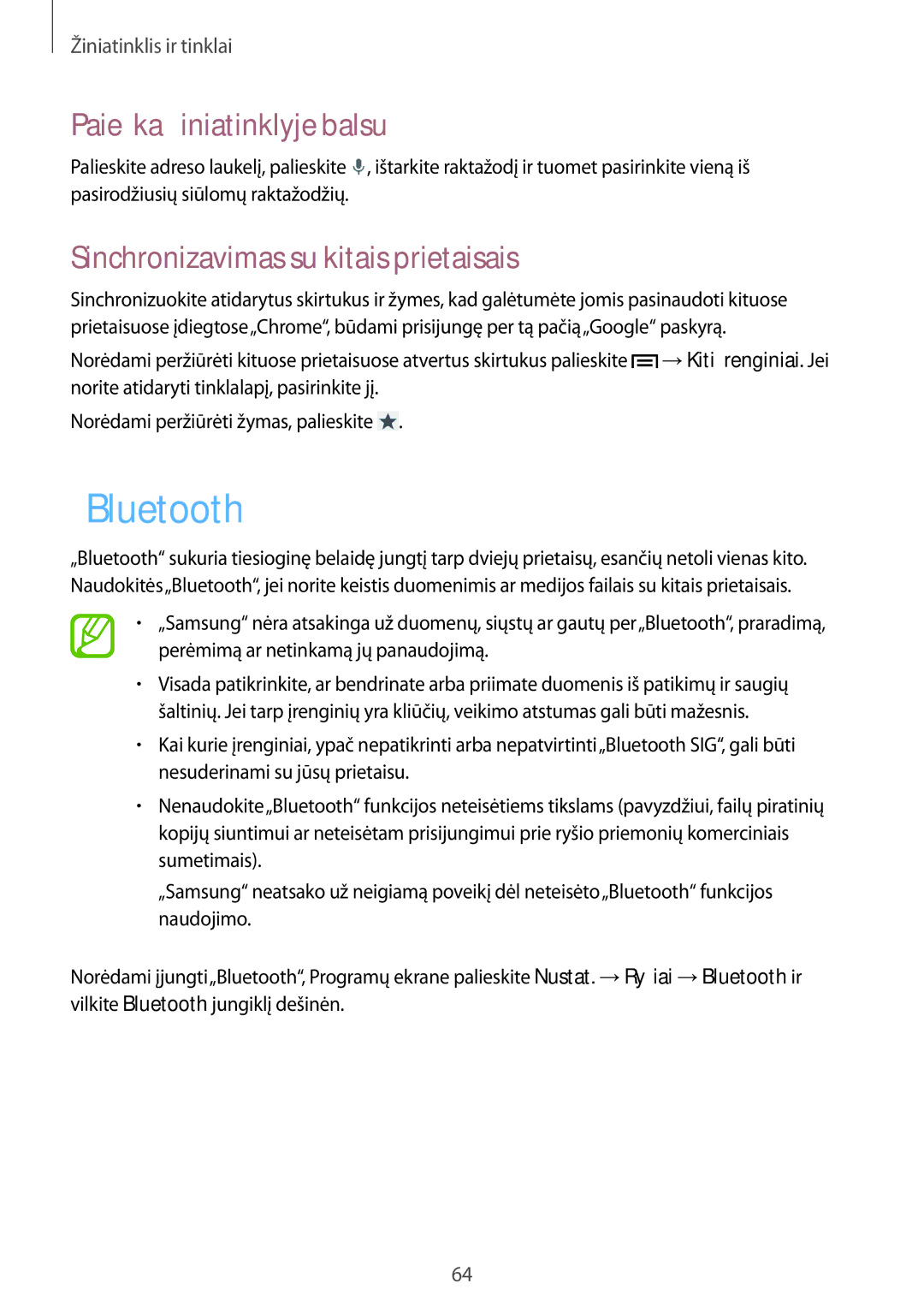 Samsung GT-I9205ZKASEB manual „Bluetooth, Paieška žiniatinklyje balsu, Sinchronizavimas su kitais prietaisais 