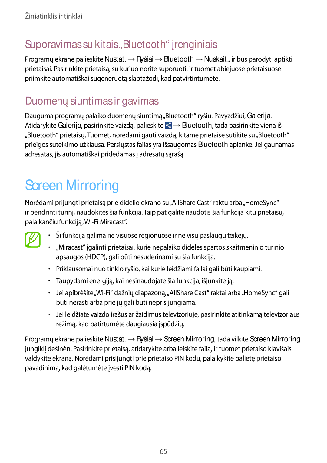 Samsung GT-I9205ZKASEB manual Screen Mirroring, Suporavimas su kitais„Bluetooth įrenginiais, Duomenų siuntimas ir gavimas 
