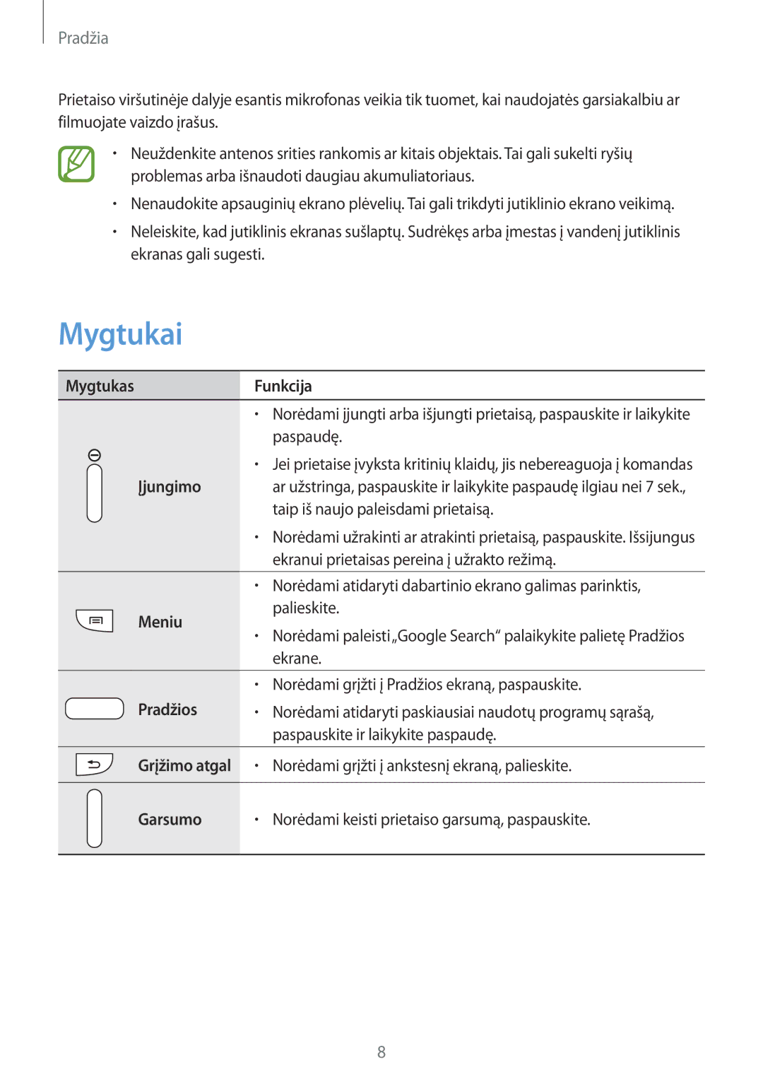 Samsung GT-I9205ZKASEB manual Mygtukai 