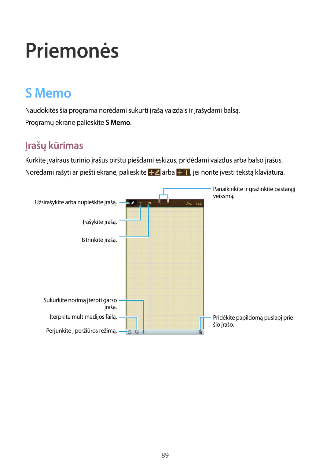 Samsung GT-I9205ZKASEB manual Memo, Įrašų kūrimas 