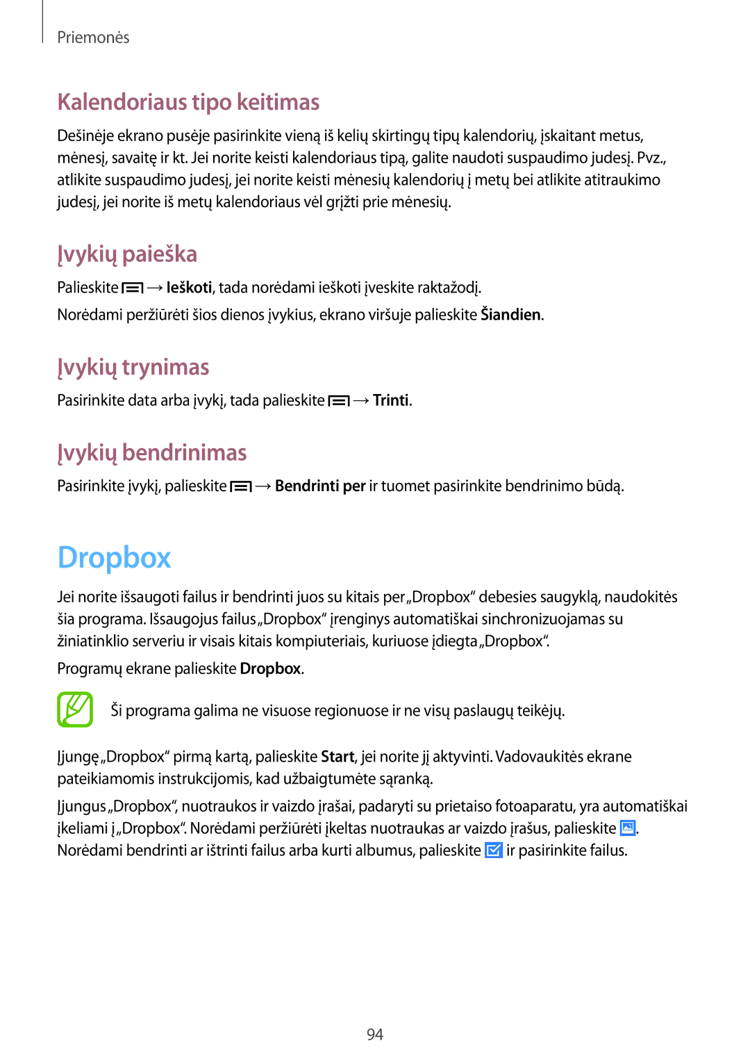 Samsung GT-I9205ZKASEB manual Dropbox, Kalendoriaus tipo keitimas, Įvykių paieška, Įvykių trynimas, Įvykių bendrinimas 