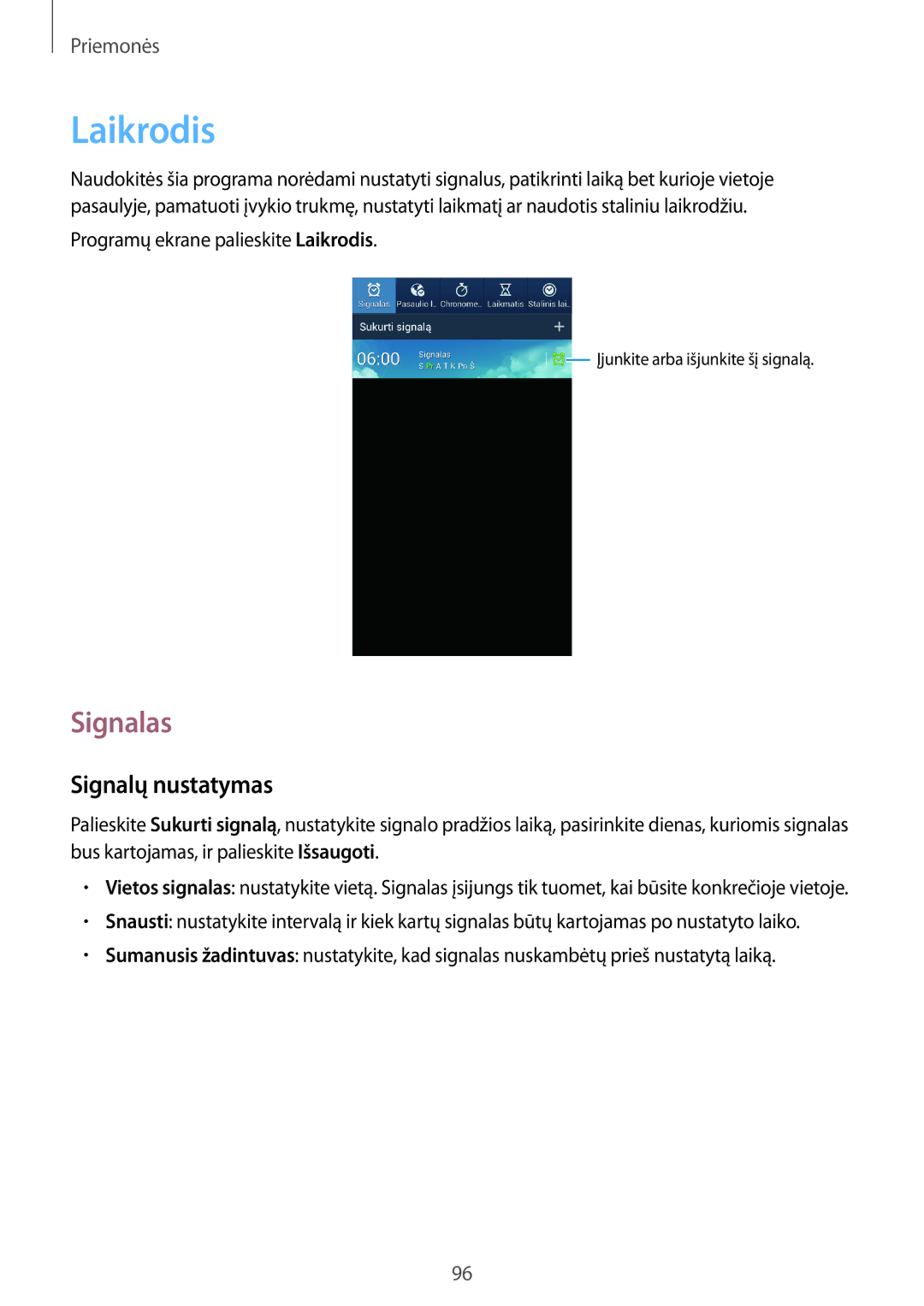 Samsung GT-I9205ZKASEB manual Laikrodis, Signalas, Signalų nustatymas 