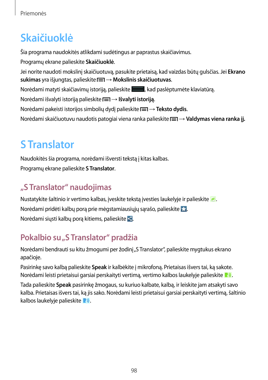 Samsung GT-I9205ZKASEB manual Skaičiuoklė, „S Translator naudojimas, Pokalbio su„S Translator pradžia 