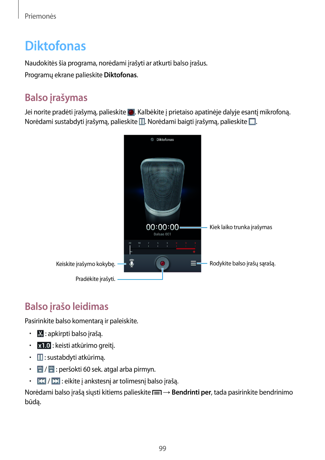 Samsung GT-I9205ZKASEB manual Diktofonas, Balso įrašymas, Balso įrašo leidimas 