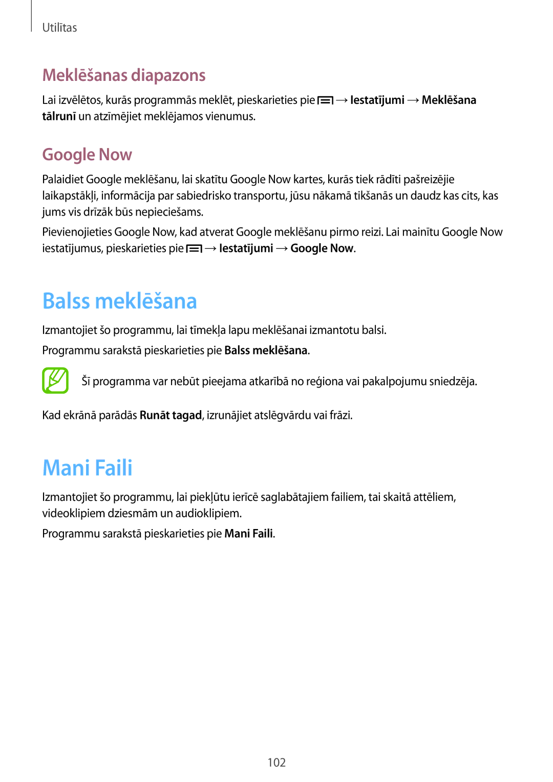 Samsung GT-I9205ZKASEB manual Balss meklēšana, Mani Faili, Meklēšanas diapazons, Google Now 