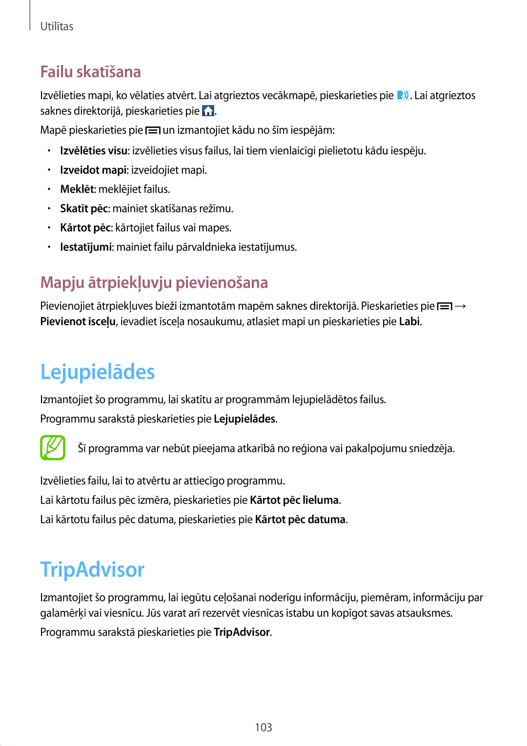 Samsung GT-I9205ZKASEB manual Lejupielādes, TripAdvisor, Failu skatīšana, Mapju ātrpiekļuvju pievienošana 