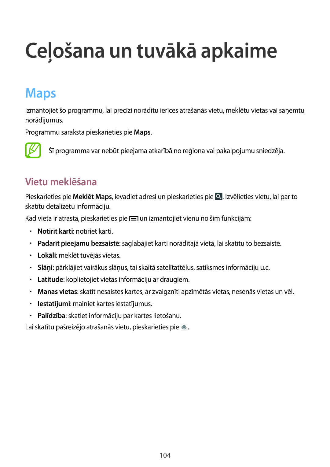Samsung GT-I9205ZKASEB manual Ceļošana un tuvākā apkaime, Maps, Vietu meklēšana 