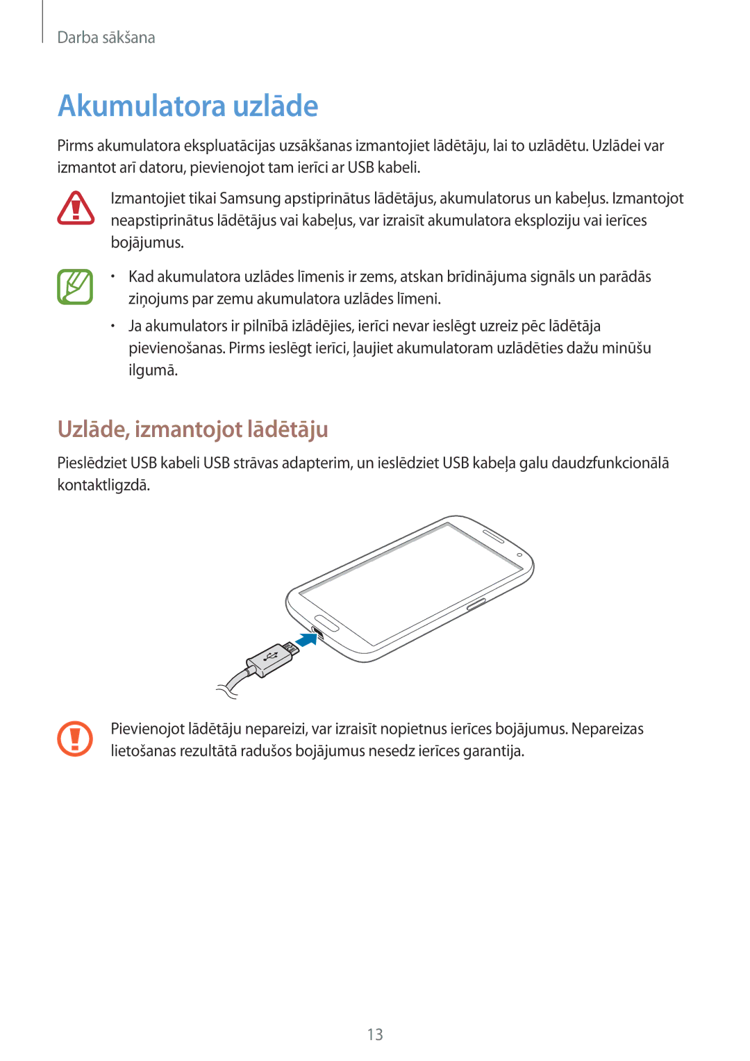 Samsung GT-I9205ZKASEB manual Akumulatora uzlāde, Uzlāde, izmantojot lādētāju 