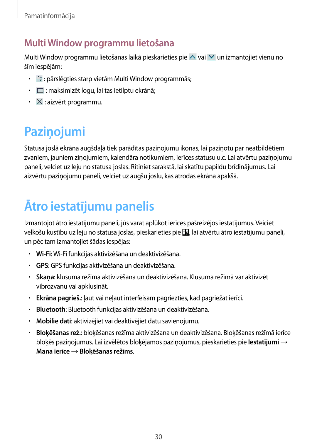 Samsung GT-I9205ZKASEB manual Paziņojumi, Ātro iestatījumu panelis, Multi Window programmu lietošana 