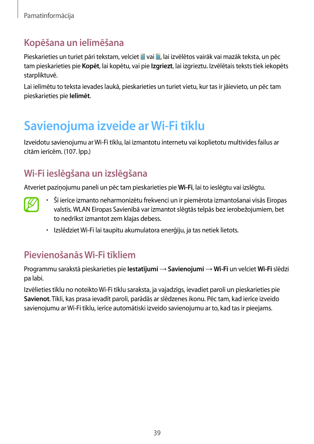 Samsung GT-I9205ZKASEB manual Savienojuma izveide ar Wi-Fi tīklu, Kopēšana un ielīmēšana, Wi-Fi ieslēgšana un izslēgšana 