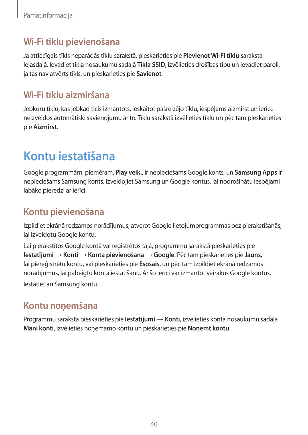 Samsung GT-I9205ZKASEB manual Kontu iestatīšana, Wi-Fi tīklu pievienošana, Wi-Fi tīklu aizmiršana, Kontu pievienošana 