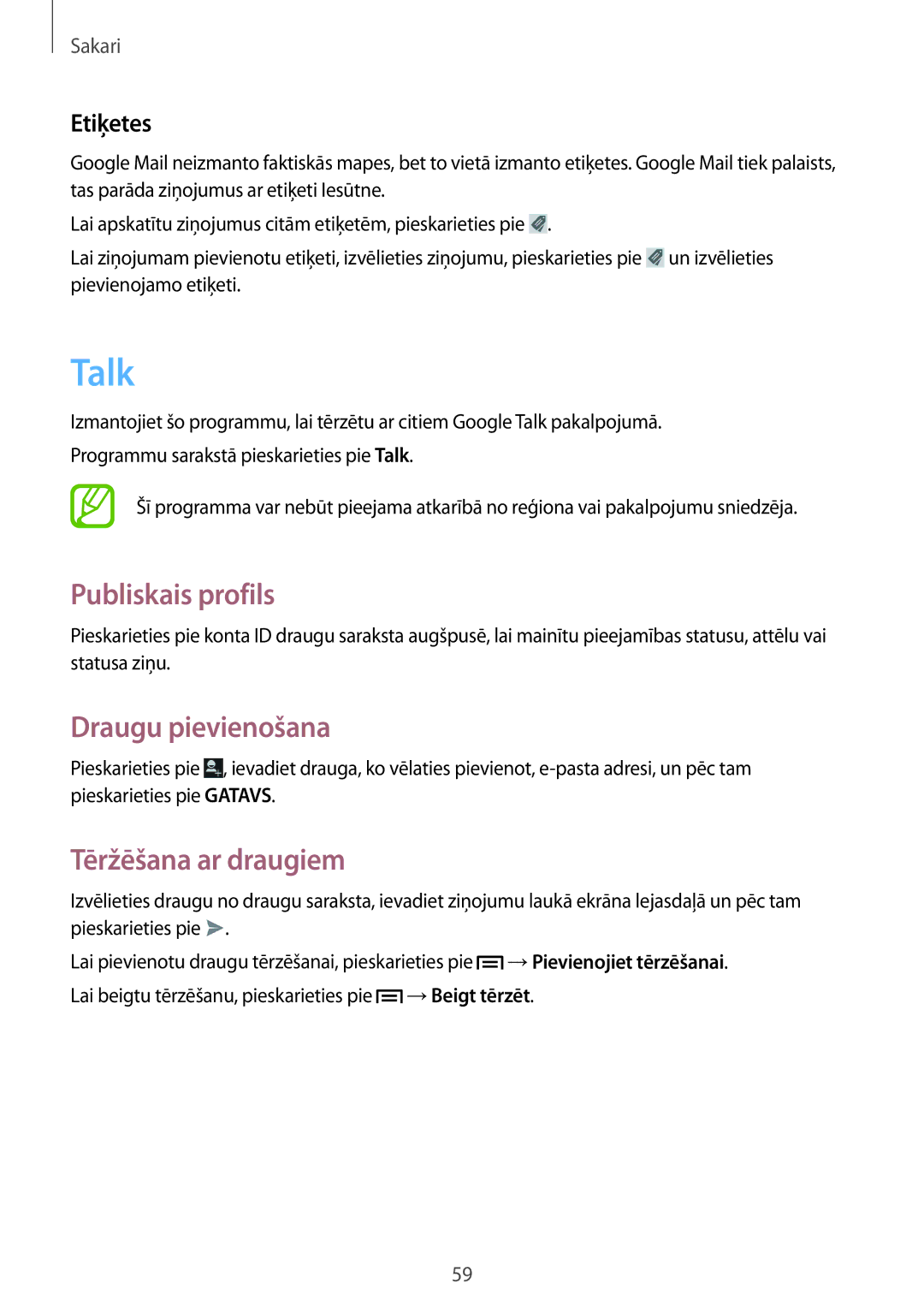 Samsung GT-I9205ZKASEB manual Talk, Publiskais profils, Draugu pievienošana, Tēržēšana ar draugiem, Etiķetes 