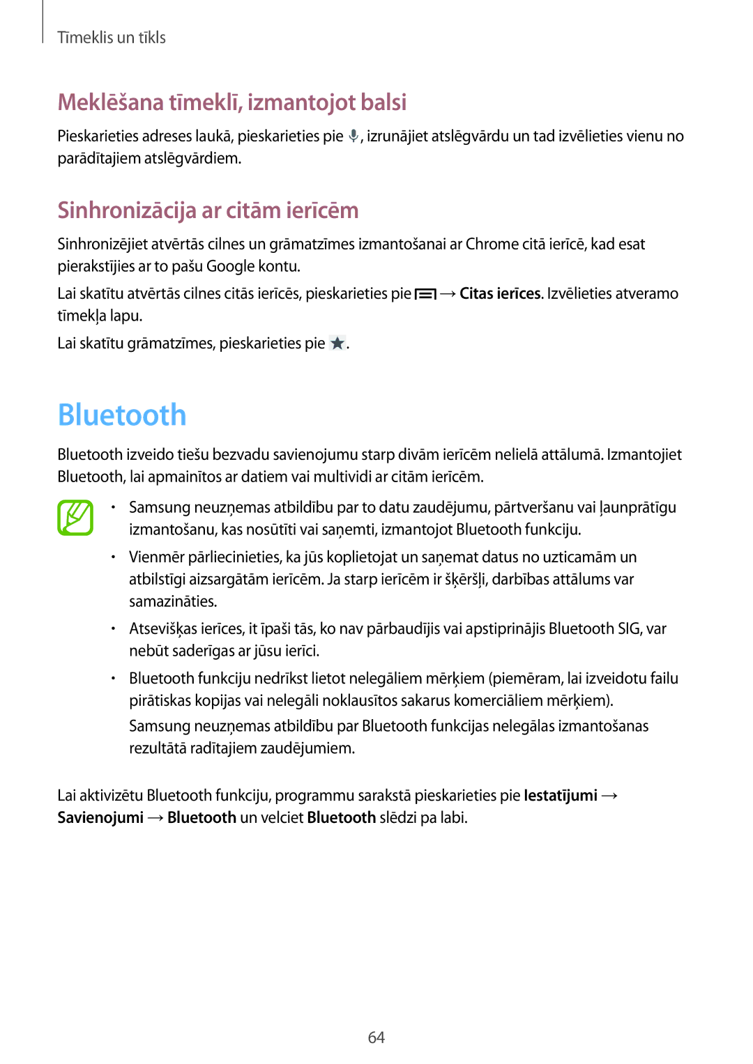 Samsung GT-I9205ZKASEB manual Bluetooth, Meklēšana tīmeklī, izmantojot balsi, Sinhronizācija ar citām ierīcēm 