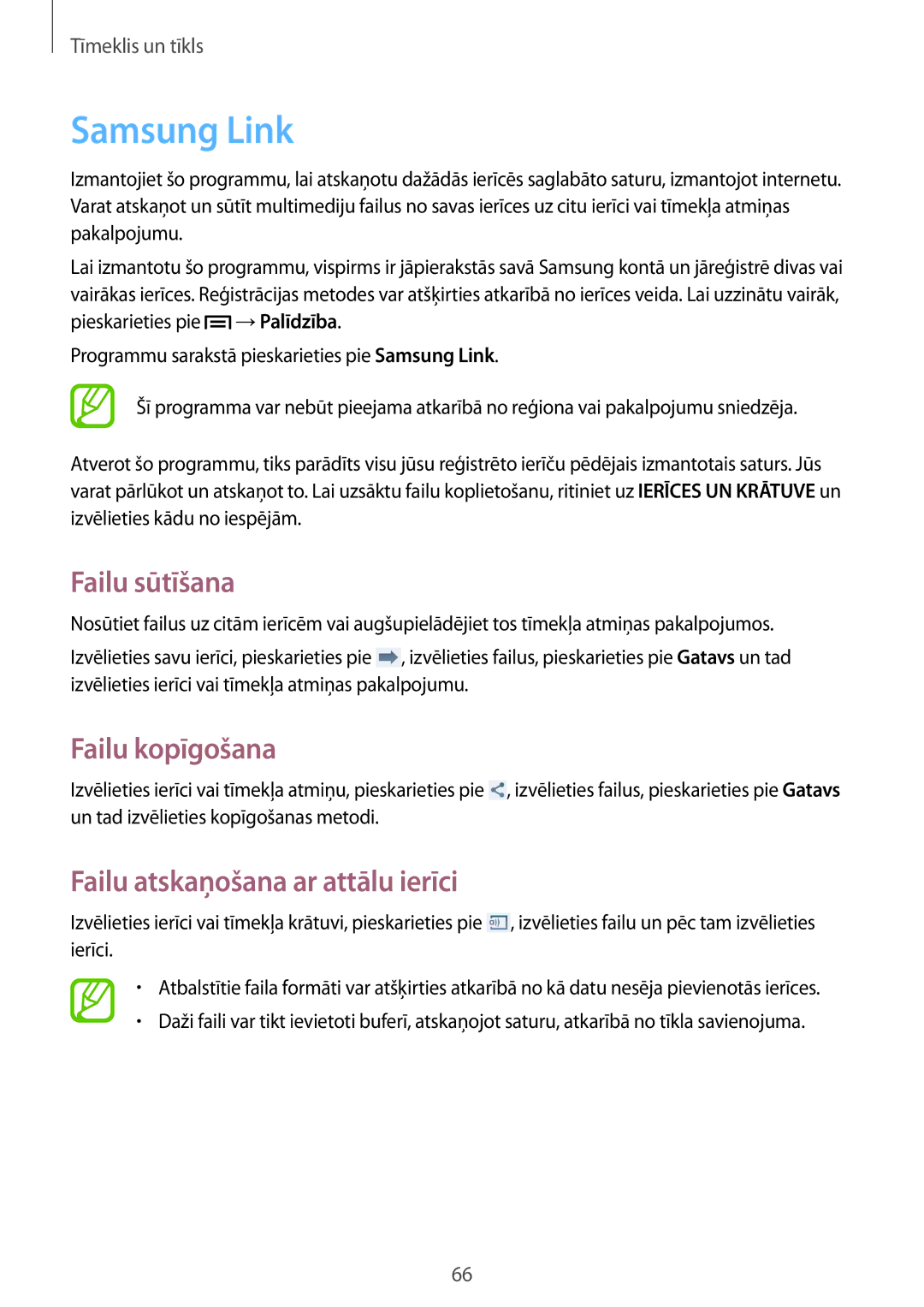 Samsung GT-I9205ZKASEB manual Samsung Link, Failu sūtīšana, Failu kopīgošana, Failu atskaņošana ar attālu ierīci 