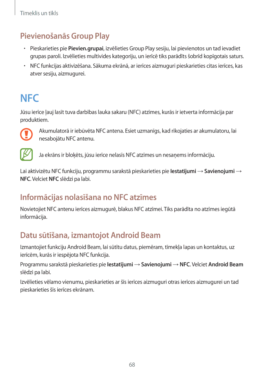 Samsung GT-I9205ZKASEB manual Pievienošanās Group Play, Informācijas nolasīšana no NFC atzīmes 