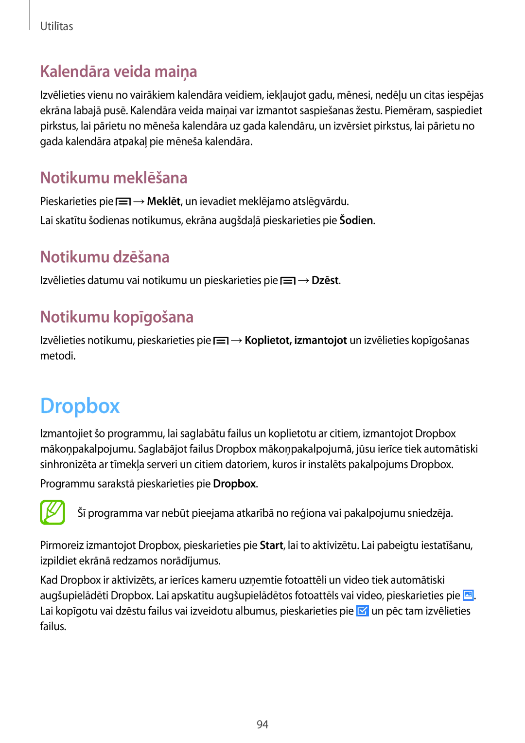 Samsung GT-I9205ZKASEB manual Dropbox, Kalendāra veida maiņa, Notikumu meklēšana, Notikumu dzēšana, Notikumu kopīgošana 