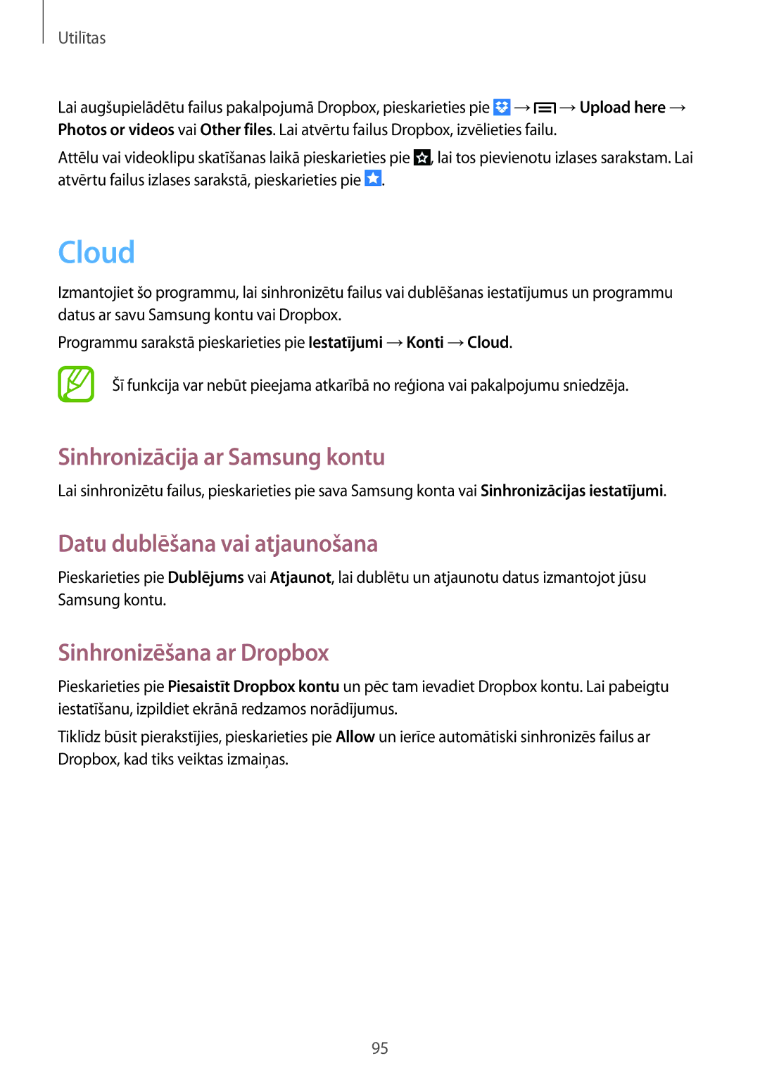 Samsung GT-I9205ZKASEB Cloud, Sinhronizācija ar Samsung kontu, Datu dublēšana vai atjaunošana, Sinhronizēšana ar Dropbox 