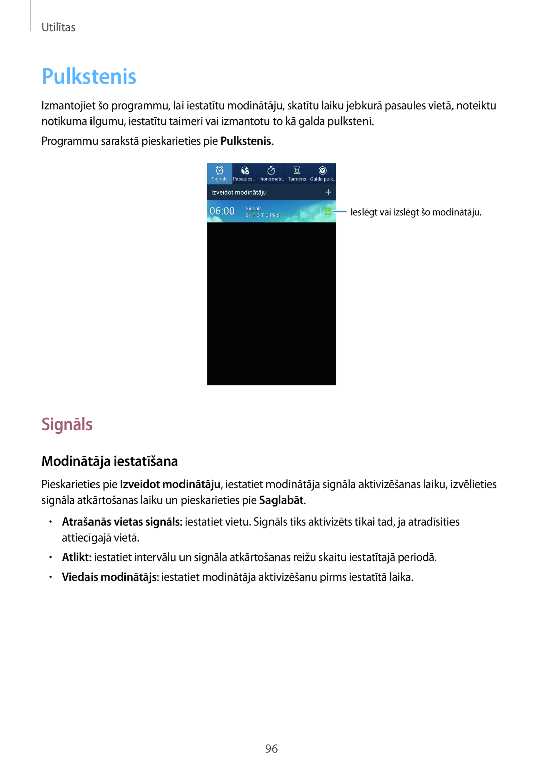 Samsung GT-I9205ZKASEB manual Pulkstenis, Signāls, Modinātāja iestatīšana 