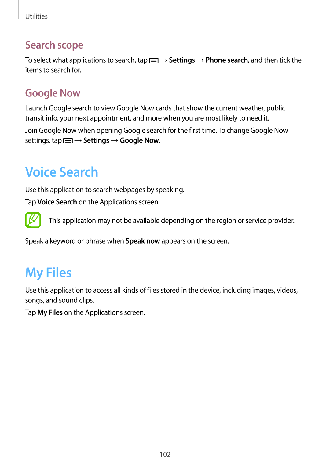 Samsung GT-I9205ZWAXEF, GT-I9205ZKATPH, GT-I9205ZKAEPL, GT-I9205ZKAVD2 manual Voice Search, My Files, Search scope, Google Now 
