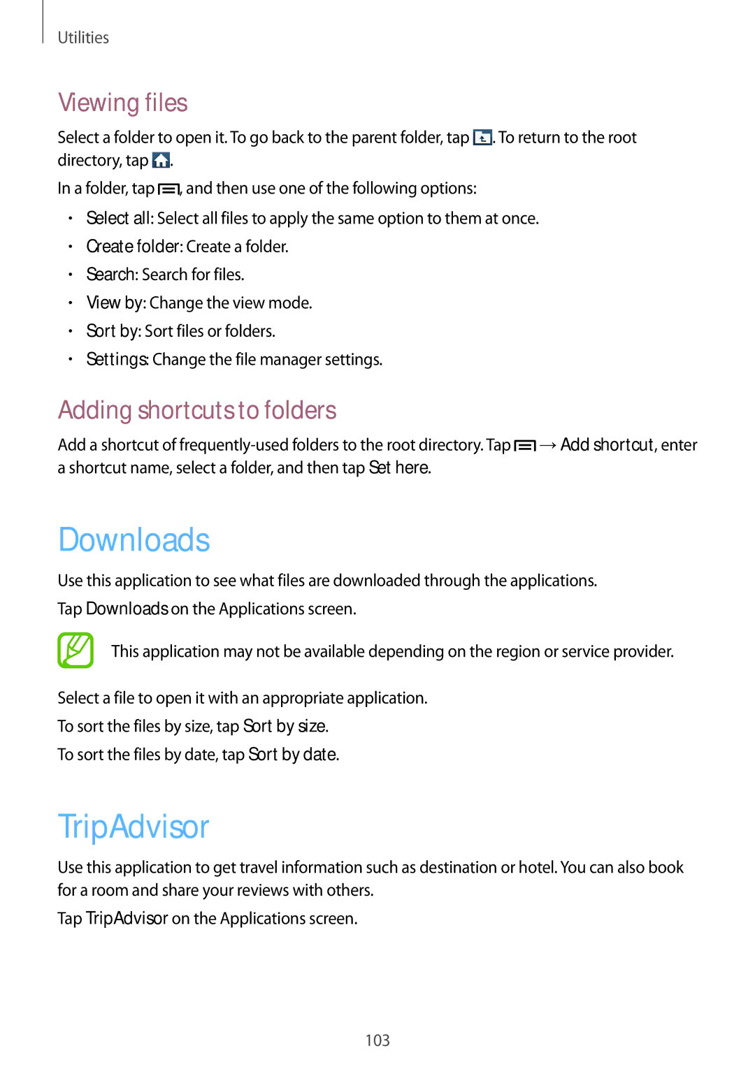 Samsung GT-I9205ZKABOG, GT-I9205ZKATPH, GT-I9205ZKAEPL Downloads, TripAdvisor, Viewing files, Adding shortcuts to folders 