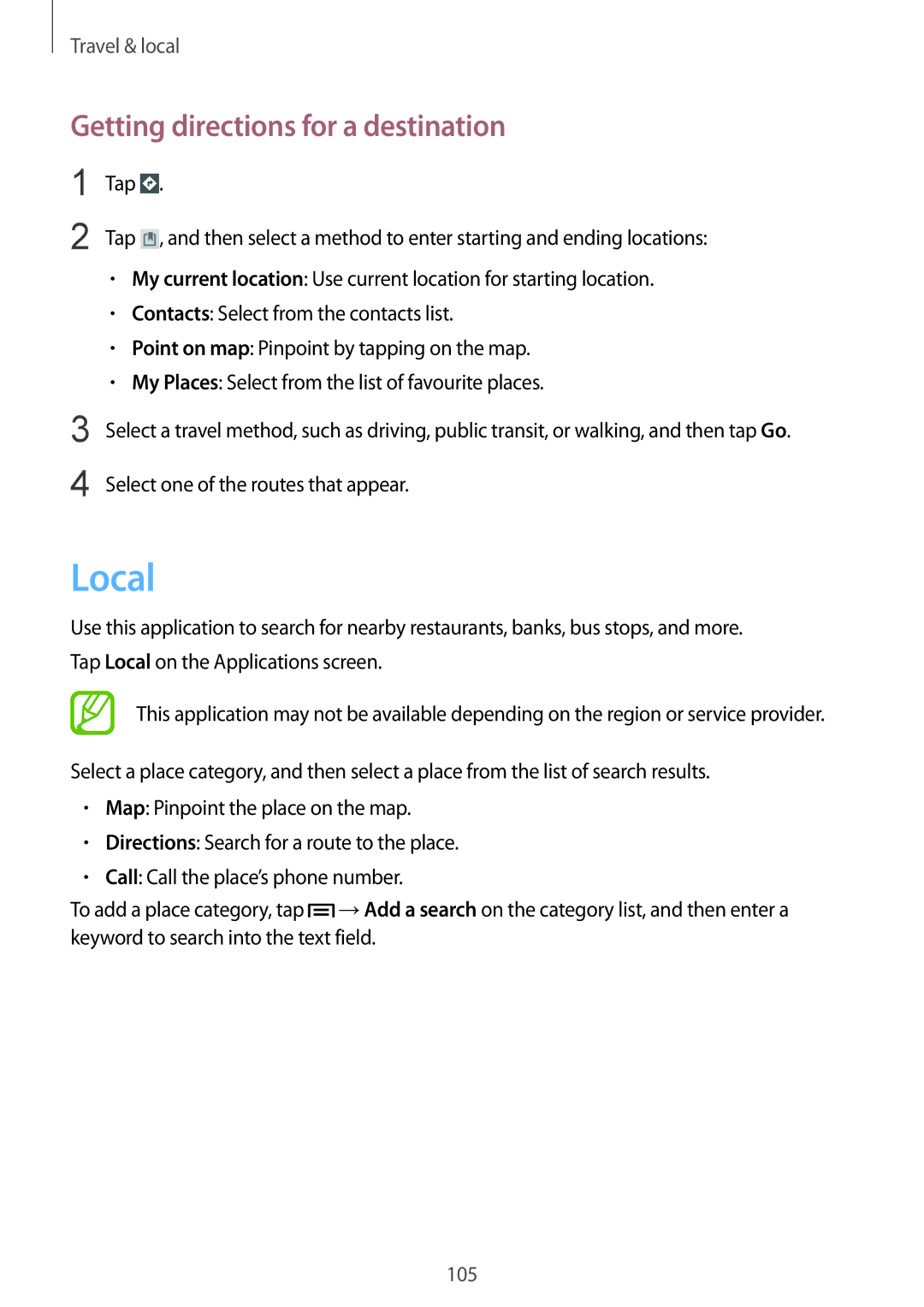 Samsung GT-I9205ZKASFR, GT-I9205ZKATPH, GT-I9205ZKAEPL, GT-I9205ZKAVD2 manual Local, Getting directions for a destination 