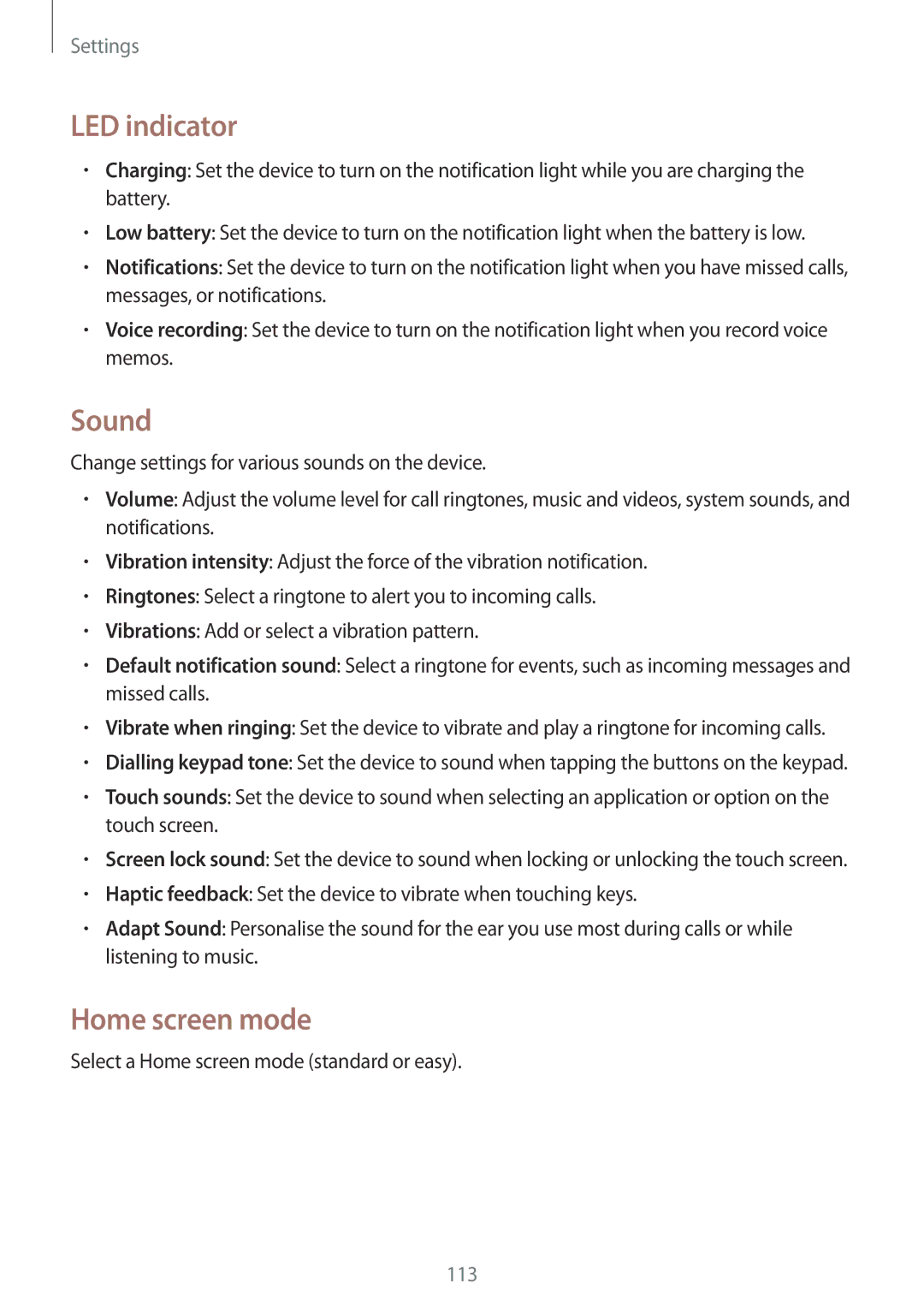 Samsung GT-I9205ZKAETL, GT-I9205ZKATPH, GT-I9205ZKAEPL, GT-I9205ZKAVD2, GT-I9205ZKADTM LED indicator, Sound, Home screen mode 