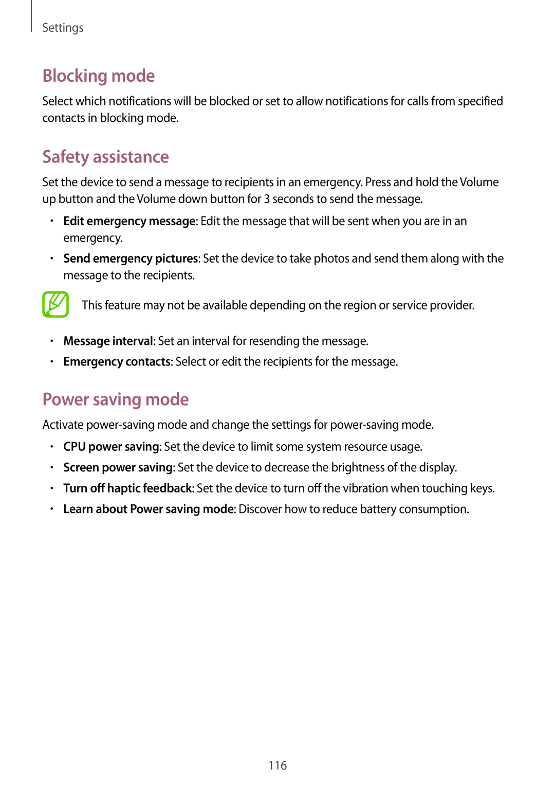 Samsung GT-I9205ZKAYOG, GT-I9205ZKATPH, GT-I9205ZKAEPL, GT-I9205ZKAVD2 Blocking mode, Safety assistance, Power saving mode 