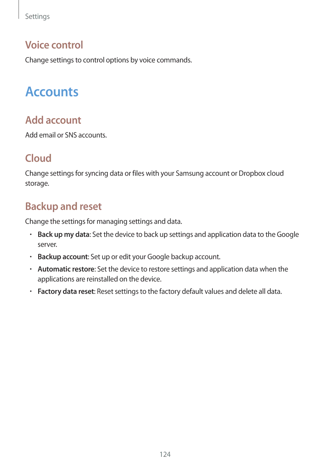 Samsung GT-I9205ZKAVIP, GT-I9205ZKATPH, GT-I9205ZKAEPL manual Accounts, Voice control, Add account, Cloud, Backup and reset 