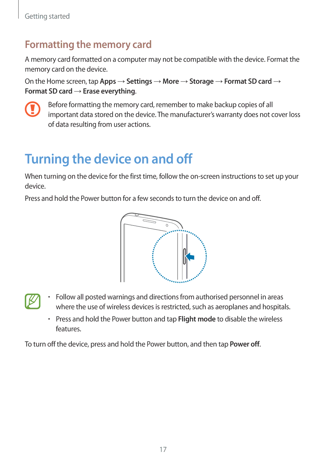 Samsung GT-I9205ZKAITV, GT-I9205ZKATPH, GT-I9205ZKAEPL manual Turning the device on and off, Formatting the memory card 