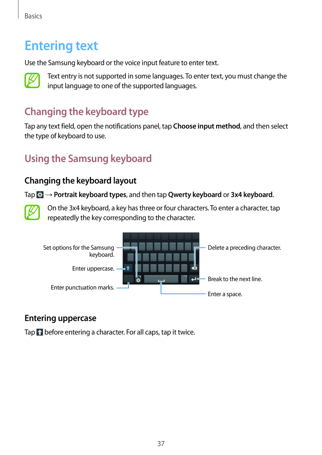 Samsung GT-I9205ZWAETL Entering text, Changing the keyboard type, Using the Samsung keyboard, Changing the keyboard layout 